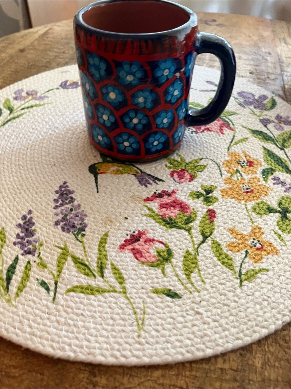 Hand-Painted Floral Blue and Red Ceramic Mug